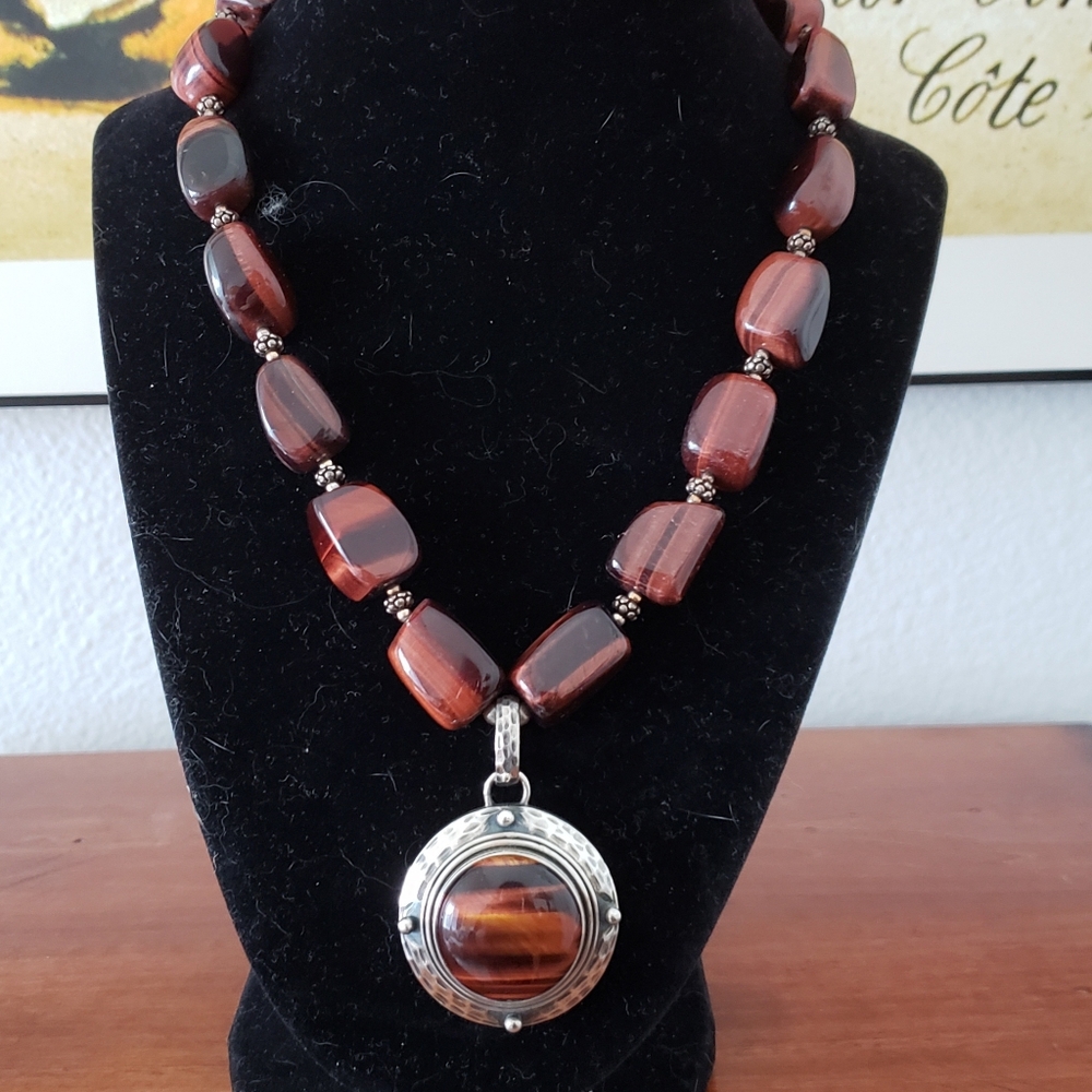 Tiger Eye Necklace And Pendant.  Marked India and 925 . EUC. Authentic
